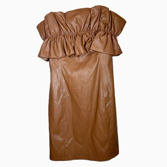 DO + BE Faux Leather Dress Size L Tan Camel Off‑Shoulder Ruffle Mini Dress - Picture 3 of 15